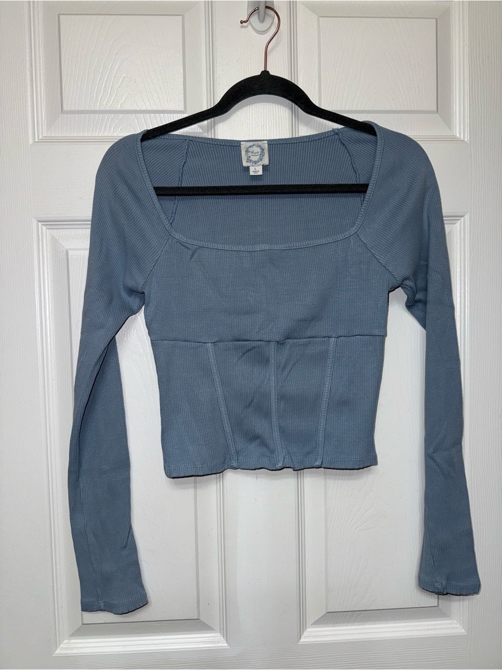 Blue Rain Ribbed Square-Neck Long Sleeve Top - Slate Blue